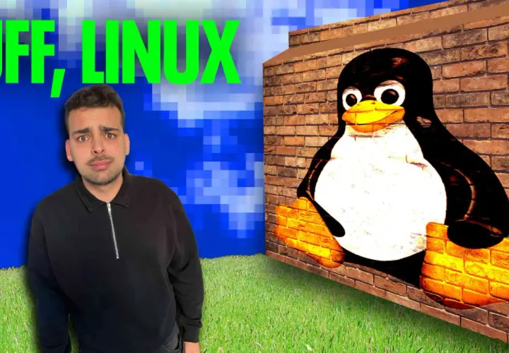 Mann mit fragendem Blick neben Tux, dem Linux-Maskottchen, das aus einer Ziegelwand lugt. Ist Linux kostenlos?