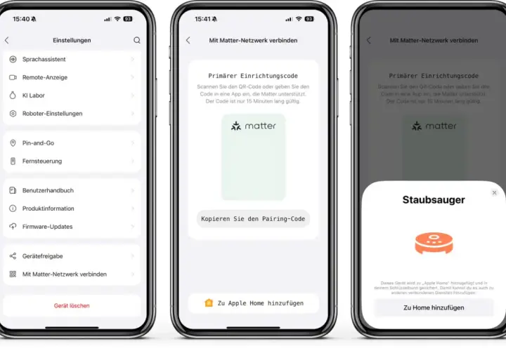 Roborock-Staubsauger wird mit dem Matter-Netzwerk verbunden. Ein QR-Code wird angezeigt, um die Einrichtung zu erleichtern.
