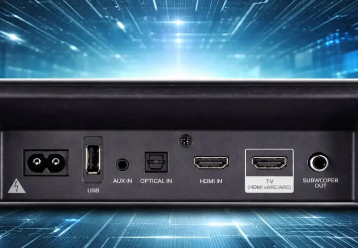 Rückseite einer Soundbar mit Anschlüssen: USB, AUX IN, OPTICAL IN, HDMI IN und TV (HDMI eARC/ARC) für beste Audioqualität.