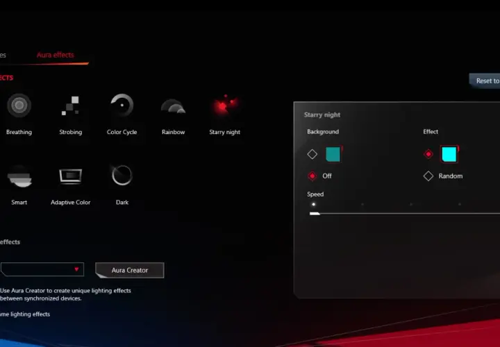 ASUS Aura Sync: Steuerung für RGB-Effekte wie "Starry Night" mit Farb- und Geschwindigkeitsanpassung.