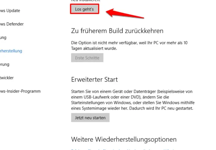 Windows-Einstellungen: Wiederherstellung. "Los geht's" für frühere Builds ist nicht verfügbar. Erweiterter Start für Windows-Werkseinstellungen.