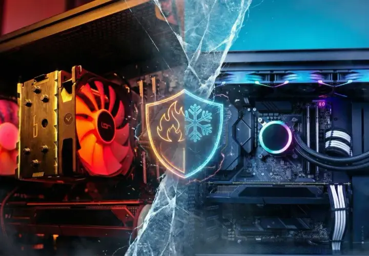 Vergleich: AIO vs. Air Cooler. Links ein PC mit einem großen Air Cooler, rechts ein PC mit einer AIO-Wasserkühlung. Ein Schild mit Flamme und Schneeflocke trennt die beiden Systeme.