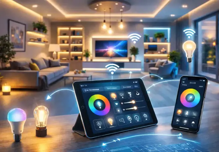 Ein Tablet und Smartphone steuern das Licht im Wohnzimmer. So einfach lässt sich ein **smart home einrichten**.