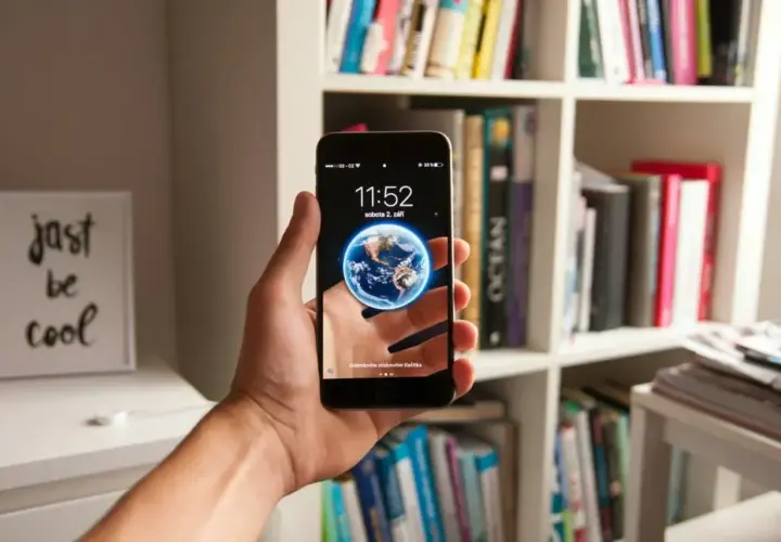 Hand hält Smartphone mit Erd-Hintergrund. Das neue Betriebssystem zeigt die Uhrzeit und das Datum. Im Hintergrund ein Bücherregal.