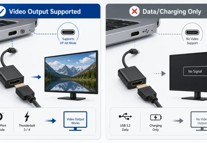 Links: Laptop mit DisplayPort Alt Mode und Thunderbolt 3/4 unterstützt Videoausgabe. Rechts: USB 3.2 Daten/Laden ohne Video. HDCP ist hier nicht das Thema.