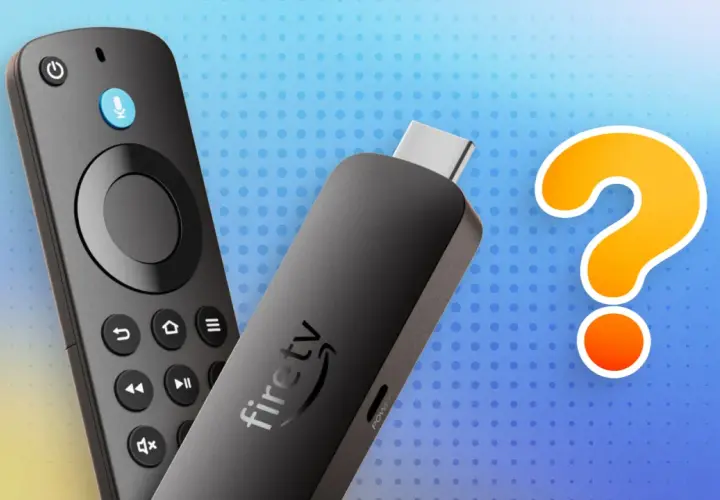 Fire TV Stick und Fernbedienung vor einem blauen Hintergrund mit einem großen Fragezeichen. Ist das die Zukunft des Streamings mit vega os?