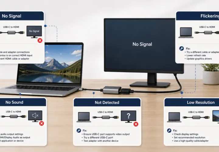 Fehlerbehebung: Wenn USB-C auf HDMI nicht funktioniert, werden Probleme wie "Kein Signal", "Kein Ton", "Nicht erkannt", "Flimmern" oder "Niedrige Auflösung" angezeigt.