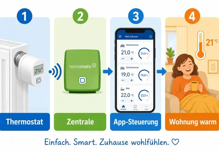Homematic IP Thermostat, Zentrale, App-Steuerung für Google Home. So wird die Wohnung warm und gemütlich.