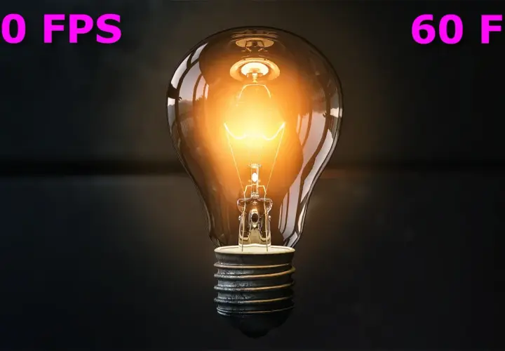 Glühende Glühbirne im Dunkeln, mit Texten "120 FPS" und "60 FPS". Ein Vergleich der Bildraten, der die Flüssigkeit der Bewegung zeigt.