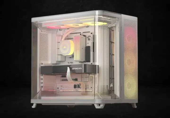 Ein moderner PC-Gehäuse mit RGB-Beleuchtung, bereit für den PC hardware test. Innen sind eine Grafikkarte und Lüfter sichtbar.