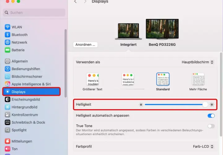 Einstellungen für die Helligkeit des Bildschirms. Der Regler erlaubt das Anpassen der Helligkeit, um das Bild besser zu sehen.