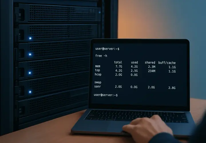 Ein Laptop zeigt den Befehl "free -h" an, um den RAM auslesen zu lassen. Im Hintergrund steht ein Server-Rack.