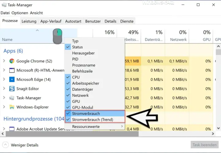 Im Task-Manager wird der Stromverbrauch von Apps angezeigt. So kannst du den pc stromverbrauch berechnen.