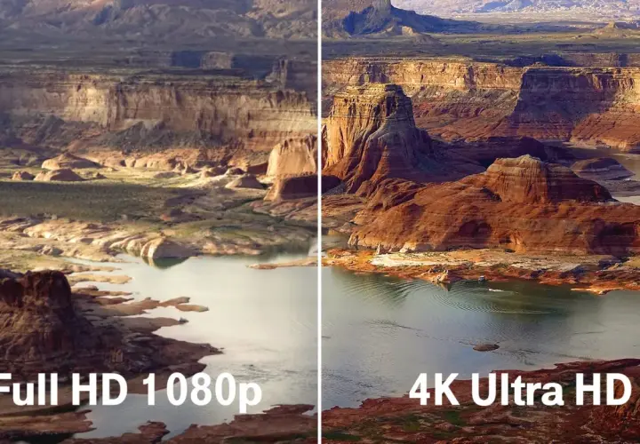 Vergleich: Was ist besser HD oder 4K? Die rechte Seite zeigt eine atemberaubende 4K-Auflösung mit lebendigen Farben und Details, während die linke Seite die Full HD-Version darstellt.