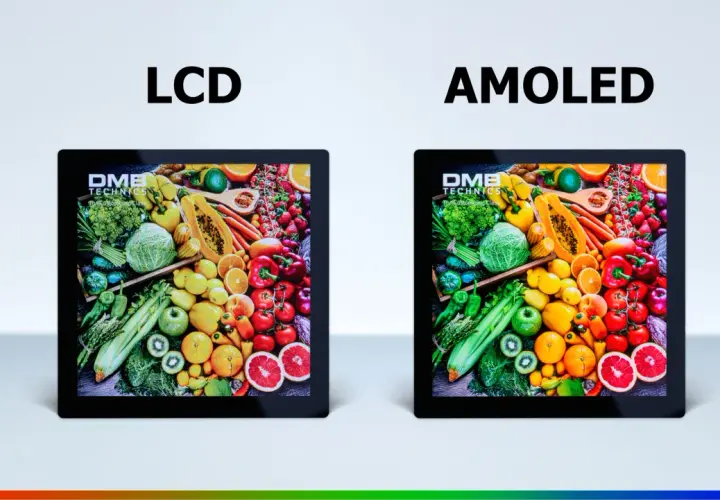Vergleich von LCD und AMOLED Displays mit lebendigen Obst- und Gemüsemotiven. AMOLED zeigt kräftigere Farben.