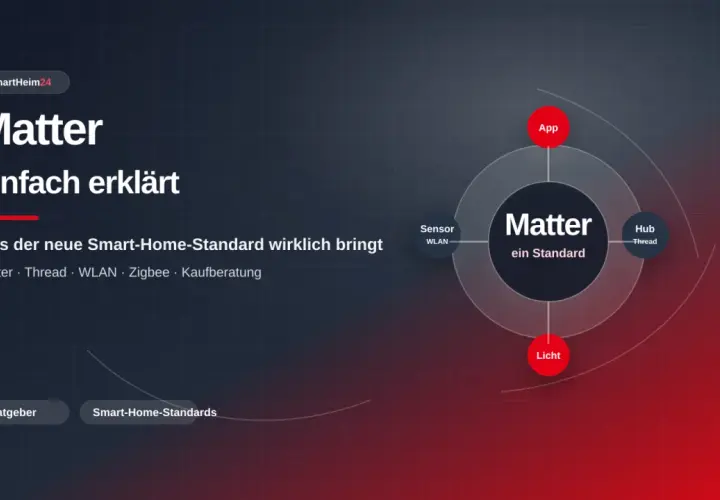 Grafik erklärt den Smart-Home-Standard Matter. Ein zentraler Kreis zeigt "Matter - ein Standard", verbunden mit App, Licht, Sensor (WLAN) und Hub (Thread).