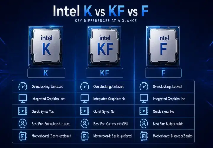 Vergleich von Intel K, KF und F Prozessoren: K und KF sind übertaktbar, F nicht. K hat integrierte Grafik, KF und F nicht. K für Enthusiasten, KF für Gamer, F für Budget-Builds.
