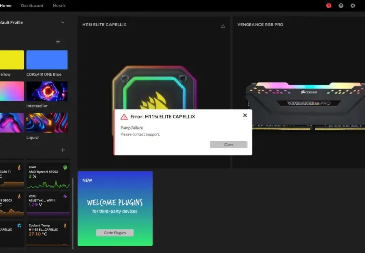 Fehlermeldung im iCUE-Update: Pump Failure bei H115i ELITE CAPELLIX. Bitte Support kontaktieren.