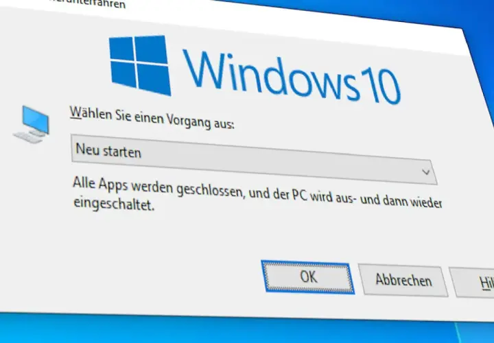 Windows 10 Dialogfeld: "Neu starten" auswählen, um den PC neu aufzusetzen. Alle Apps werden geschlossen.