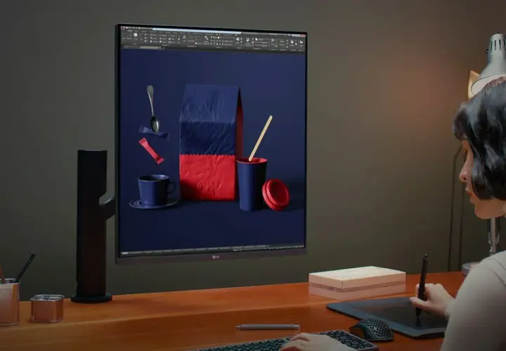 Kreative Arbeit am LG DualUp Monitor: Eine Designerin bearbeitet ein Bild von Kaffeeprodukten.