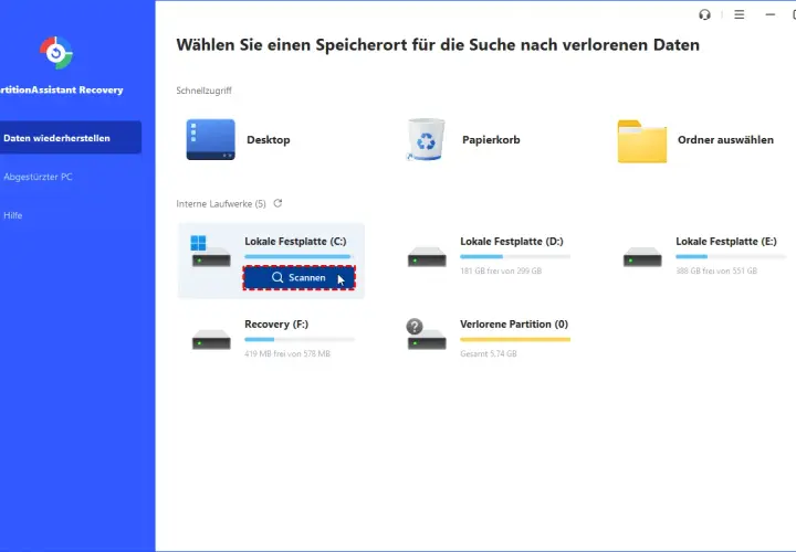 Hier suche ich, wo ich Screenshots finden kann. Die Software zeigt Laufwerke an, um Daten wiederherzustellen.