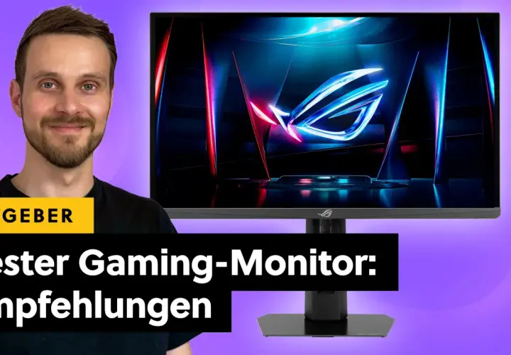 Mann lächelt neben einem Monitor mit ROG-Logo, der für 4k Gaming optimiert ist. Empfehlungen für den besten Gaming-Monitor.