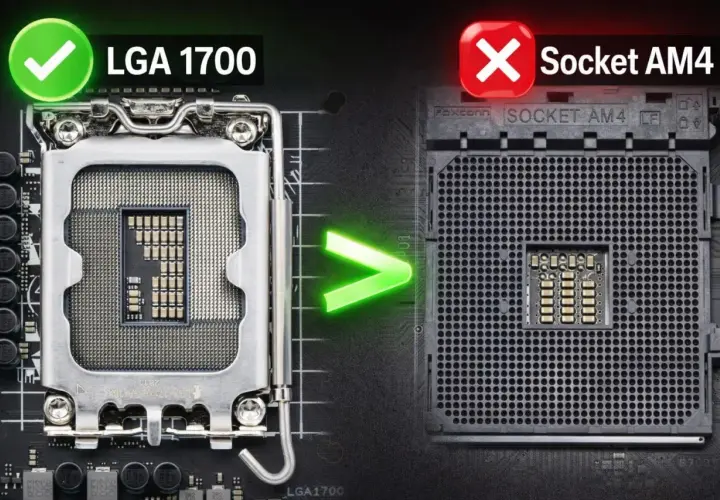 LGA 1700 Sockel mit Häkchen, daneben der Sockel AM4 mit Kreuz. Der neue Sockel ist besser.