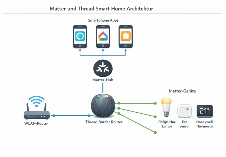 Schema der Matter und Thread Smart Home Architektur. Zeigt, wie Smartphone-Apps, ein Matter-Hub und ein Thread Border Router mit WLAN-Router und Matter-Geräten wie Lampen und Thermostaten verbunden sind.