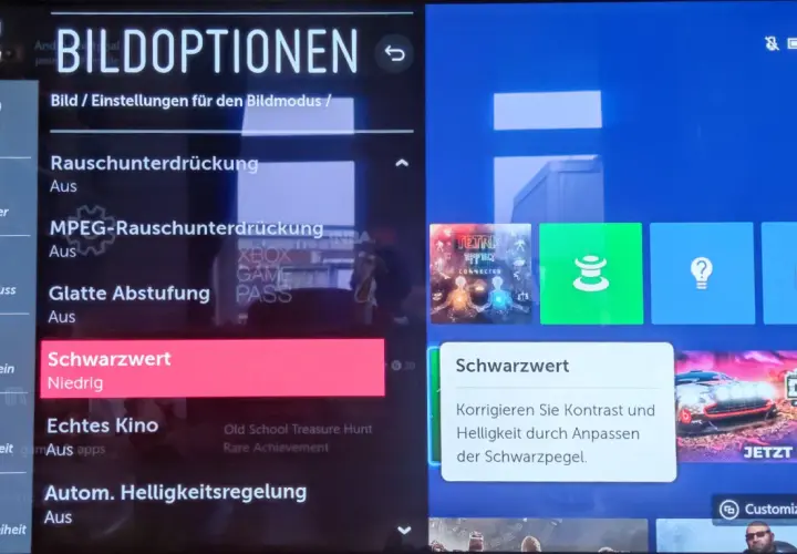 LG Bildoptionen: Schwarzwert auf Niedrig eingestellt. Möchten Sie den LG Instant Game Response ausschalten, um die Bildqualität zu optimieren?