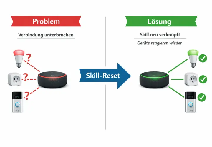 Problem: Alexa reagiert nicht, Verbindung unterbrochen. Lösung: Skill-Reset, Geräte reagieren wieder.