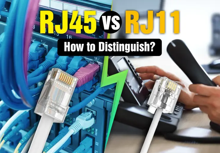 RJ45 vs RJ11: Einblick in Netzwerk- und Telefonkabel. Links ein RJ45-Stecker im Serverraum, rechts ein RJ11-Stecker an einem Telefon.