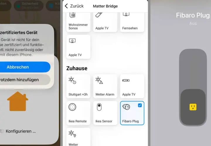 Ein nicht zertifiziertes Gerät wird für das Zuhause konfiguriert. Der Fibaro Plug ist ausgewählt.