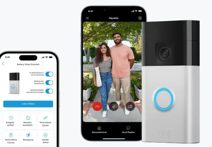 Ring Kamera Test: Ein Paar steht vor der Haustür, während die App Einstellungen und Live-Video anzeigt.