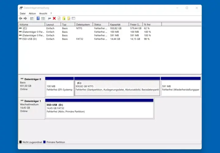 Datenträgerverwaltung zeigt, wie man die Festplatte partitionieren kann unter Windows 11. Hier sind Laufwerke C: und D: zu sehen.
