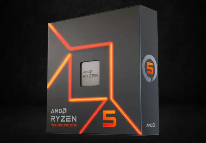 AMD Ryzen 5 7000 Series Prozessor-Verpackung mit leuchtenden orangen Linien und dem Prozessor selbst. Eine starke Wahl für Gaming und Produktivität, vergleichbar mit einem AMD Ryzen 7.