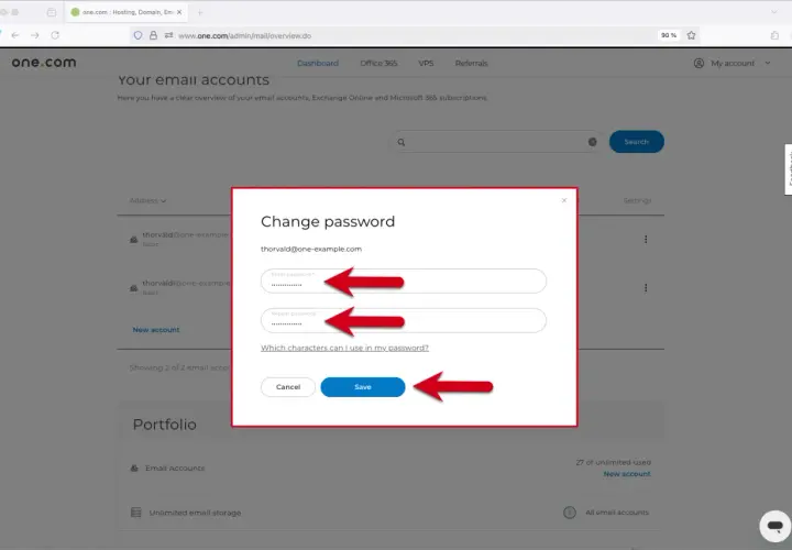 Passwort ändern für e-mail app einrichten. Eingabe neuer und wiederholter Passwortfelder, mit Pfeilen markiert.