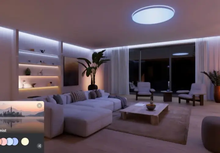 Gemütliches Wohnzimmer mit indirekter Beleuchtung, inspiriert von Philips Hue Ideen. Die Szene "Lake mist" erzeugt eine beruhigende Atmosphäre.