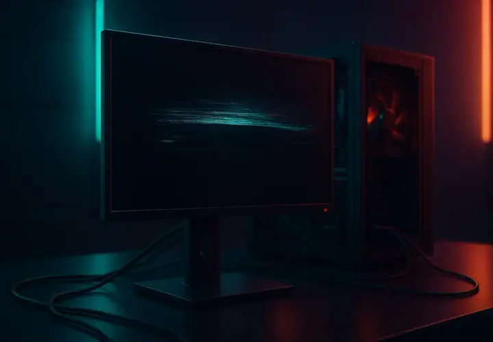 Ein dunkler Raum mit einem flackernden Bildschirm, der digitale Störungen zeigt. Daneben steht ein Computergehäuse, beleuchtet von rotem Licht.