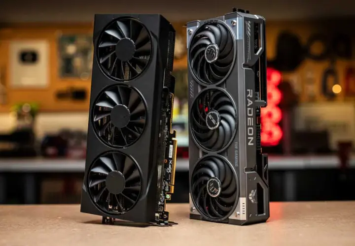 Zwei Grafikkarten, eine schwarze mit drei Lüftern und eine silberne mit "RADEON" Schriftzug, die an eine Radeon RX 9070 XT erinnert.