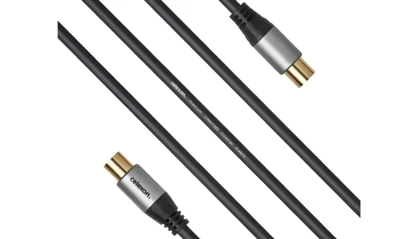 Zwei schwarze Koaxialkabel mit vergoldeten Steckern, ideal für den Anschluss an Antennen oder andere Geräte.