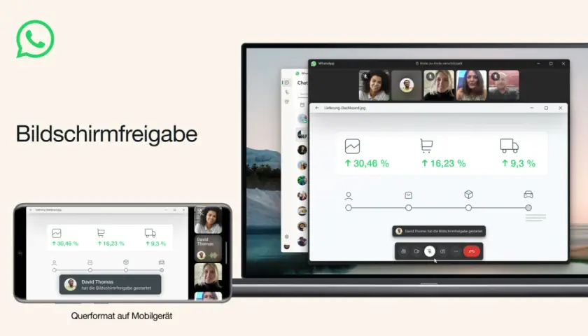WhatsApp-Bildschirmfreigabe: David Thomas teilt ein Liefer-Dashboard auf Laptop und Handy.