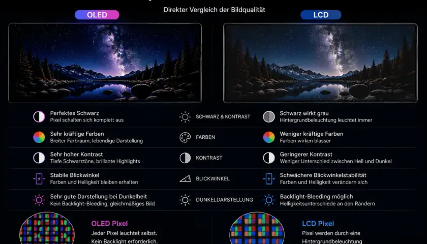 OLED vs. LCD: Ein Vergleich der Bildqualität. Das OLED-Bild zeigt perfekte Schwarzwerte und kräftige Farben, während LCD-Displays graue Schwarztöne und blassere Farben aufweisen.