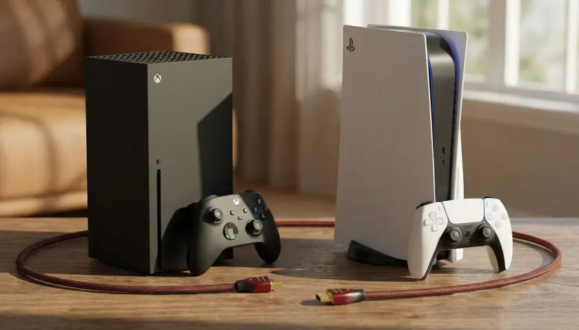 Xbox Series X und PlayStation 5 mit Controllern und HDMI 2.0 120Hz Kabeln für ultimatives Gaming-Erlebnis.