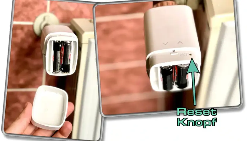 Batteriefach des eve thermo, daneben der Reset Knopf.