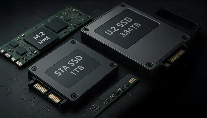 Verschiedene SSD-Formfaktoren: M.2 NVMe, SATA SSD 1TB und U.2 SSD 3.84TB auf dunklem Hintergrund.