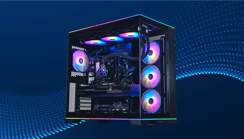 Gaming PC mit RGB-Lüftern und GeForce RTX-Grafikkarte. Die Frage "wie viel Watt Netzteil Gaming PC" wird durch die leistungsstarke Hardware aufgeworfen.