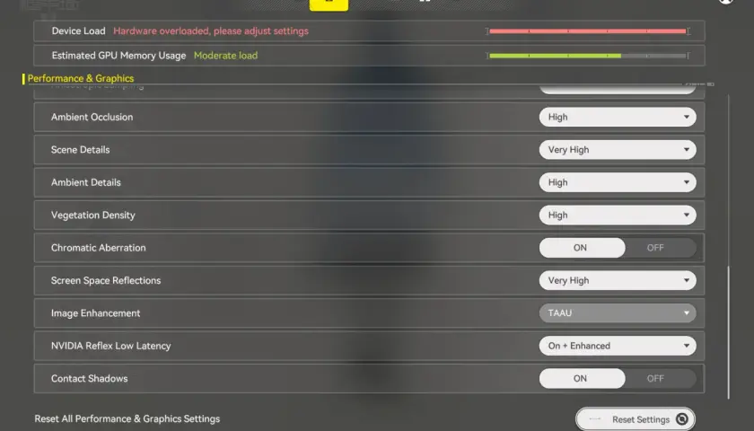 Grafikeinstellungen: Hardware überlastet, GPU-Auslastung moderat. Optionen wie Ambient Occlusion, Scene Details, NVIDIA Reflex Low Latency. Ein Nvidia driver rollback könnte helfen.