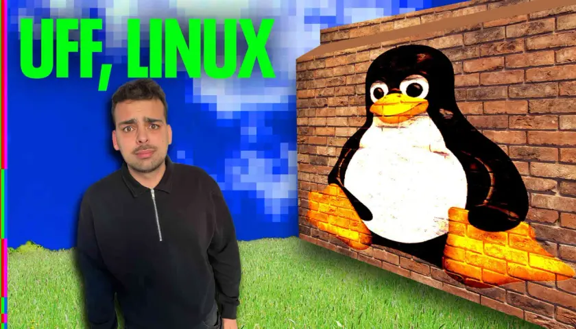 Mann mit fragendem Blick neben Tux, dem Linux-Maskottchen, das aus einer Ziegelwand lugt. Ist Linux kostenlos?