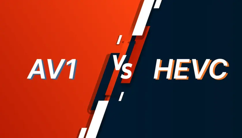 AV1 vs HEVC: Ein visueller Vergleich der Videocodecs. Links AV1 auf rotem Hintergrund, rechts HEVC auf dunkelblauem.