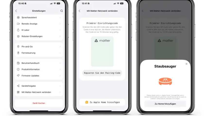 Roborock-Staubsauger wird mit dem Matter-Netzwerk verbunden. Ein QR-Code wird angezeigt, um die Einrichtung zu erleichtern.